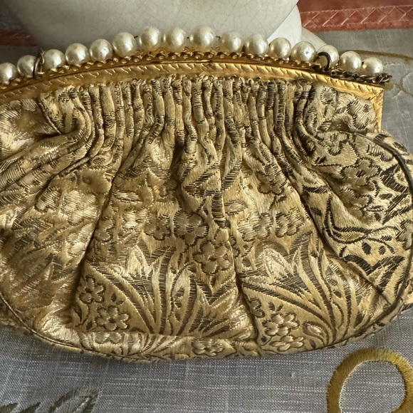 Vintage 1930’ Silk Brocade Evening Purse Small Metallic Bag with Faux Pearl - Picture 5 of 13